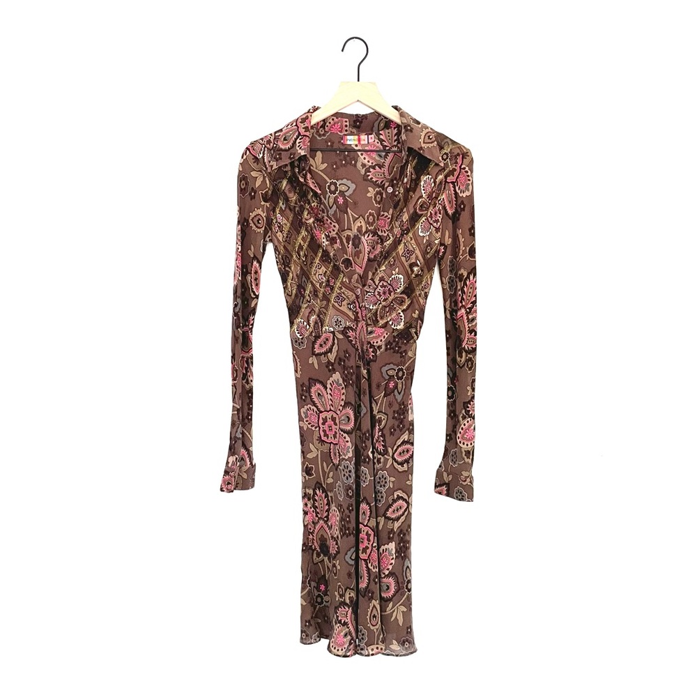Y2K vintage brown and pink floral silk shirt dress size M